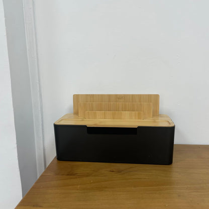 Cable Management Box with Wooden Lid, Multi-Device Organizer for Phones/Tablets/Smartwatches, Desktop Cord Organizer for Tidy Workspace (Black)