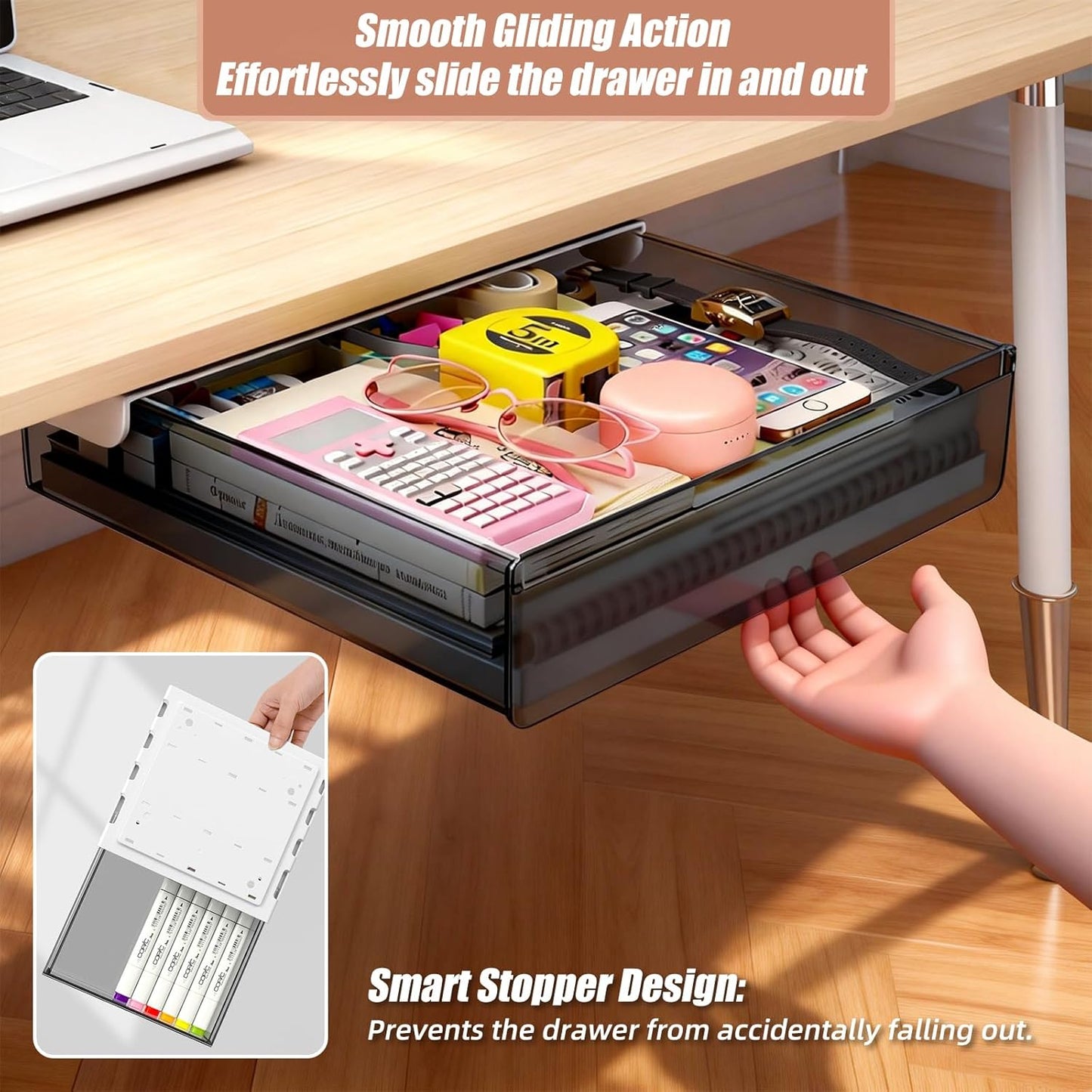 TooCust 3 Pack Under Desk Drawer Slide Out Storage Organizer, Clear White 3 Sizes (S/M/L), Dual-Mount Hidden Table Tray for Tablets, Planners & Office Supplies
