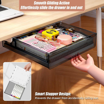 TooCust 3 Pack Under Desk Drawer Slide Out Storage Organizer, Clear White 3 Sizes (S/M/L), Dual-Mount Hidden Table Tray for Tablets, Planners & Office Supplies