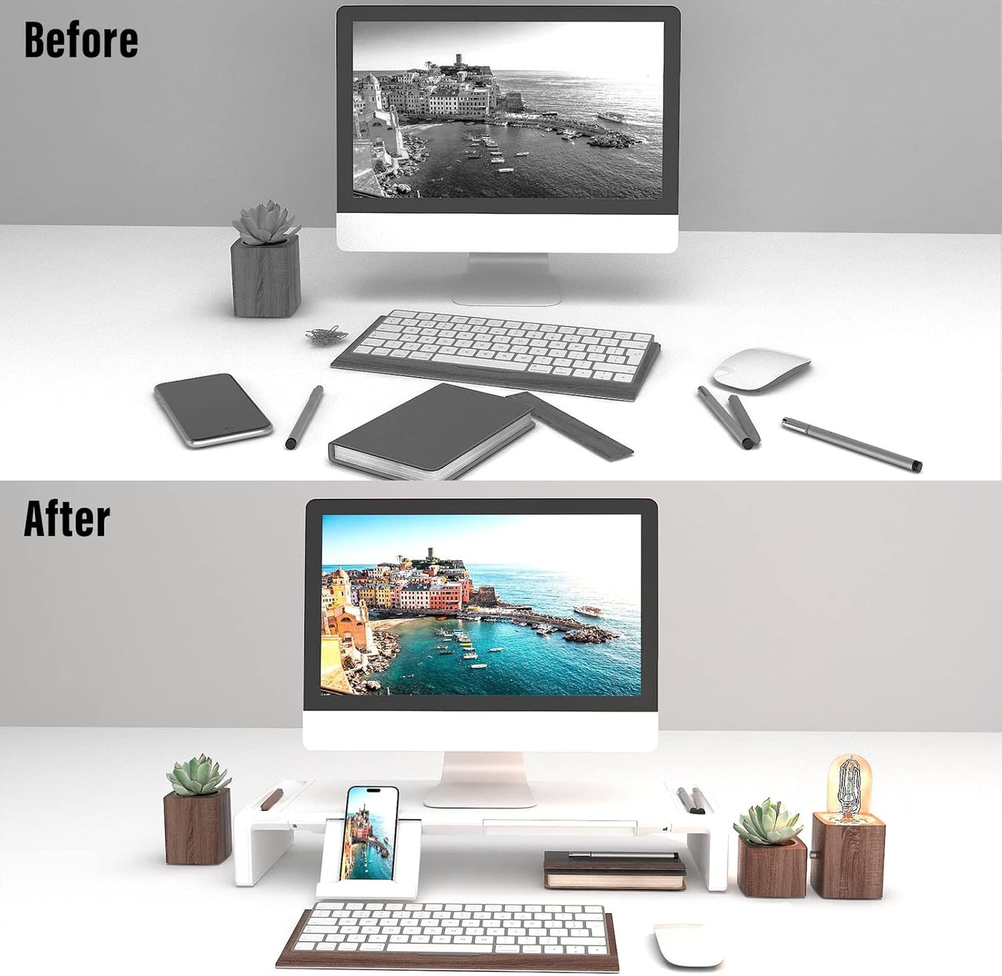 OImaster Monitor Stand Riser, Foldable Computer Monitor Riser, Adjustable Length Computer Stand and Storage Drawer & Pen Slot, Phone Stand Compatible Computer, Desktop, Laptop, Save Space (White-Basic)