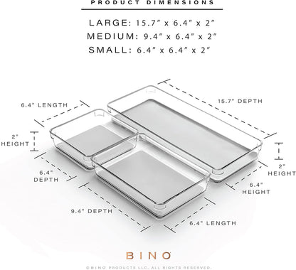 BINO | 4-Piece Drawer Organizer Bin Set - Grey, Small | THE MODULAR+ | Multi-Purpose Storage | Soft-Grip Lining and Non-Slip Rubber Feet | Durable | BPA-Free | Desk Drawer Organizer | Vanity