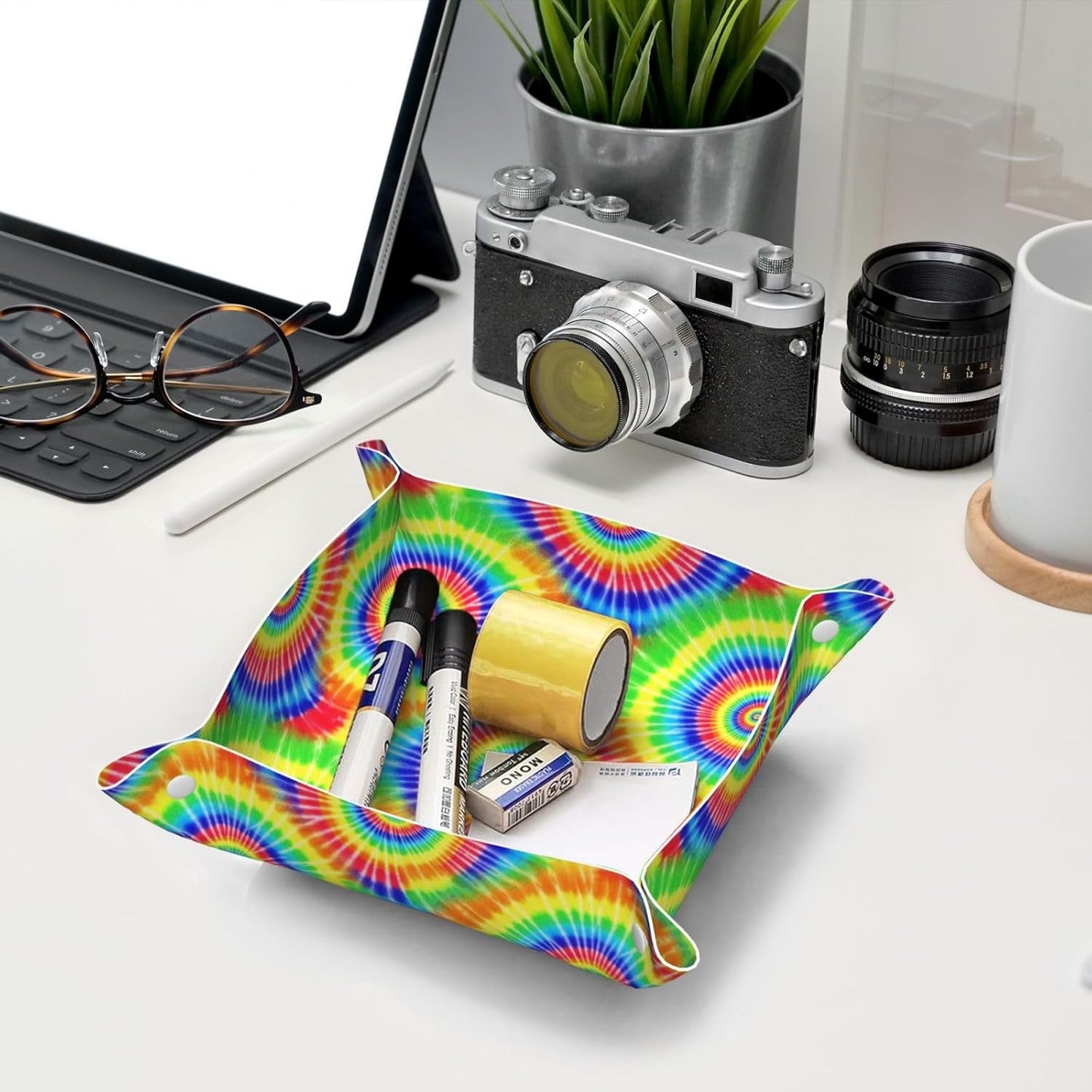 Leather Valet Tray Portable Desk Organizers for Keys Wallet Watch (Pink Rose Cactus Flamingo)