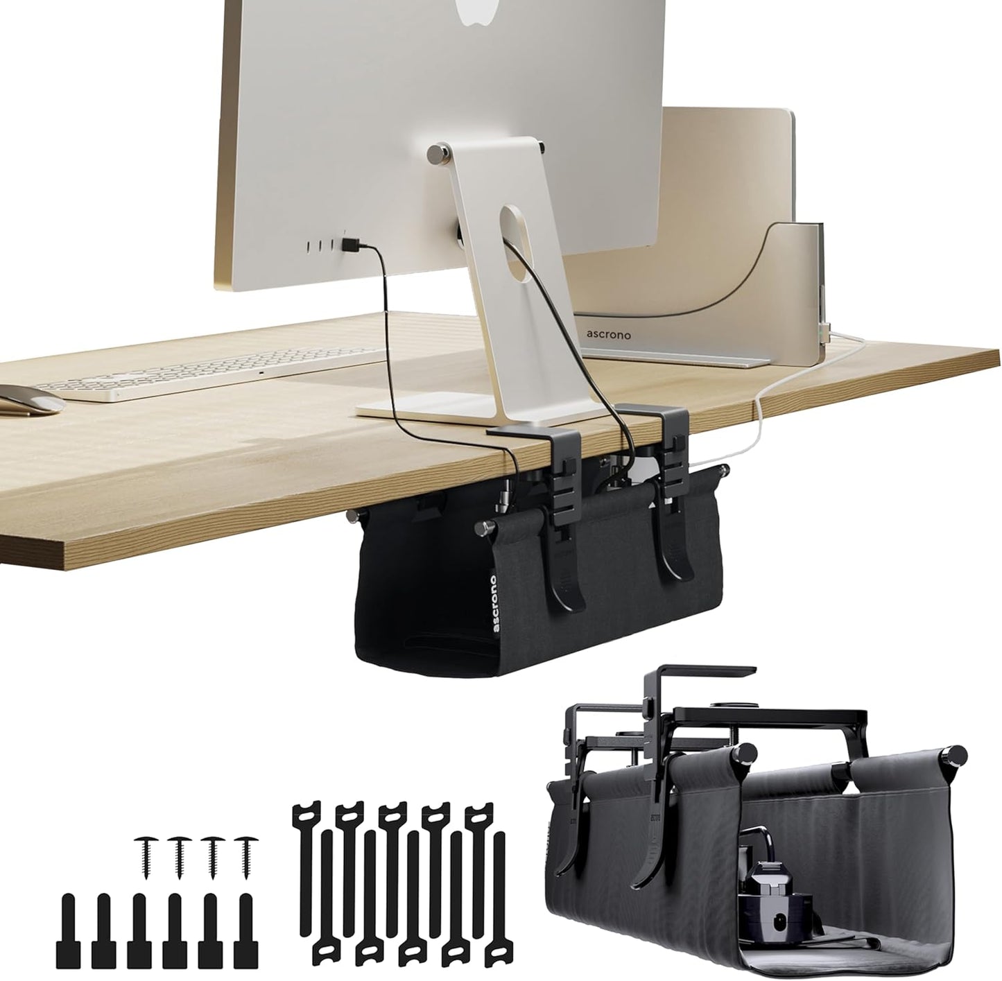 Ascrono Original No Drill Under Desk Cable Management Tray 27.3" - Premium White Fabric Cable Management Under Desk - Clamp/Screw Mount Cord Organizer - Supports Upto 66lbs
