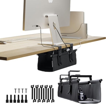 Ascrono Original No Drill Under Desk Cable Management Tray 27.3" - Premium White Fabric Cable Management Under Desk - Clamp/Screw Mount Cord Organizer - Supports Upto 66lbs