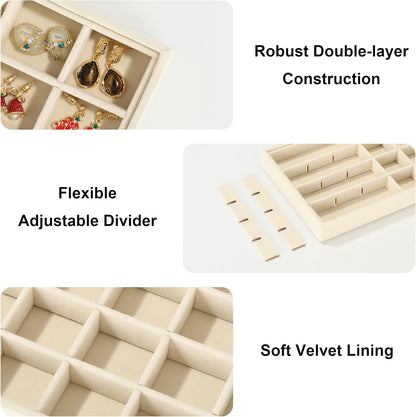 Frebeauty Stackable Jewelry Trays, Velvet Drawer Jewelry Organizer with Glass Lid,5 in 1 Multi-Functional Jewelry Storage for Earrings Necklaces Rings, 10.5 x 6.5 x 5.55 Inches Gift for Women(Beige)