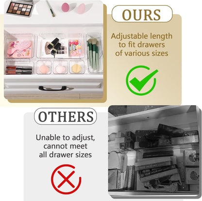 14 Pcs Adjustable Clear Drawer Organizer, Extendable Vanity Storage Bins, Desk Drawer Organizer Set for Makeup, Cosmetics, Bedroom, and Gadgets, Purple