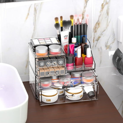 Acrylic Clear Makeup Organizer Countertop,Stackable Skincare Organizer for Vanity With 8 Drawers,Large Plastic Desk Accessories Organization,Bathroom Cosmetic Organizer Countertop for Beauty,Skin Care