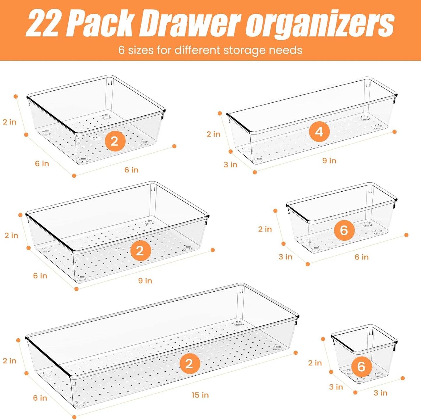 Criusia 6 Pcs Large Size Clear Drawer Organizer Set, Acrylic Non Slip Non Cracking Kitchen Drawer Storage Tray Divider, Multifunctional Storage for Cosmetics, Bathroom, Tools, Kitchen and Office