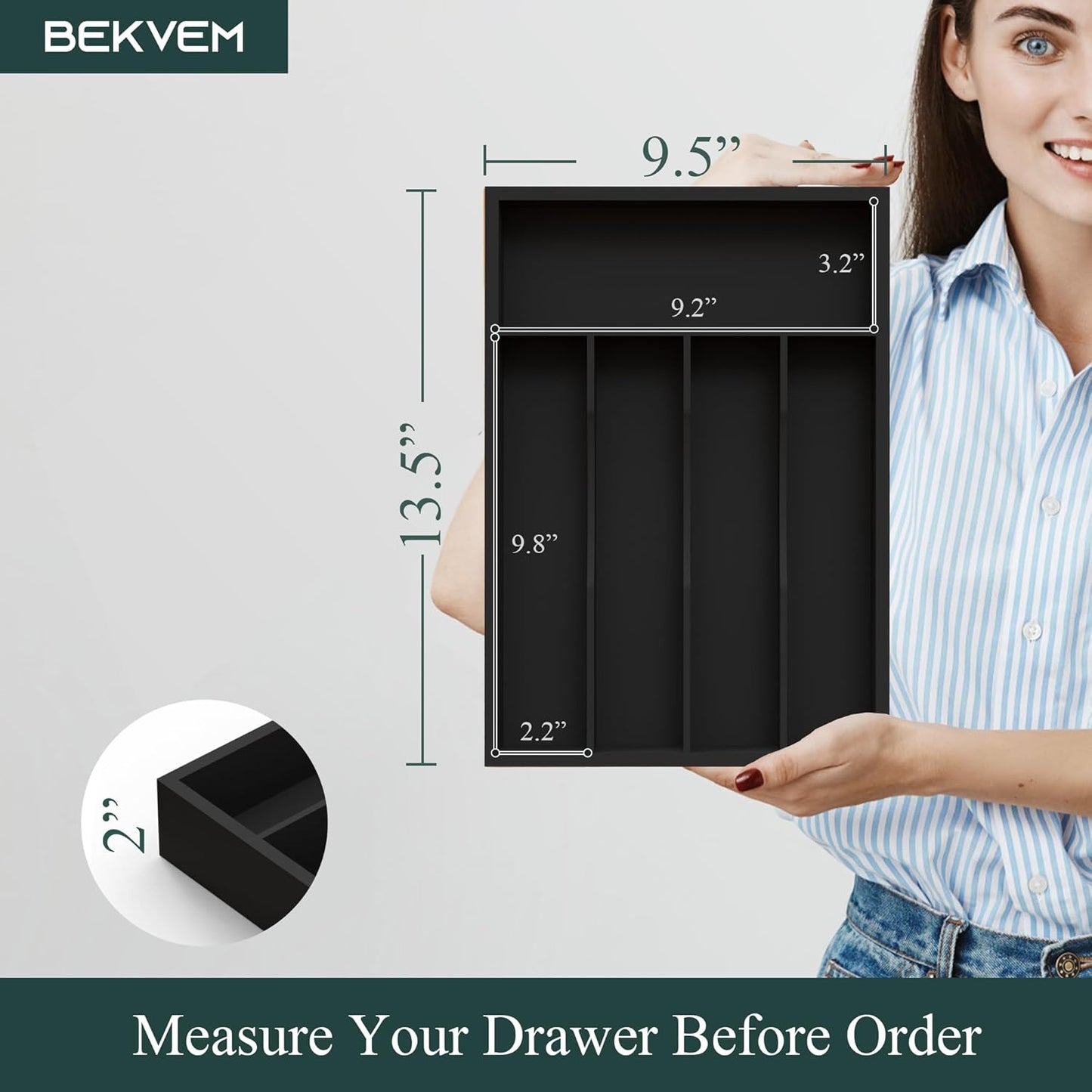 Small Silverware Organizer, Bamboo Kitchen Drawer Organizer, Utensil Holder, Cutlery Tray & Spoon Flatware Storage with Grooved Drawer Dividers (6.7''W x 12''D)