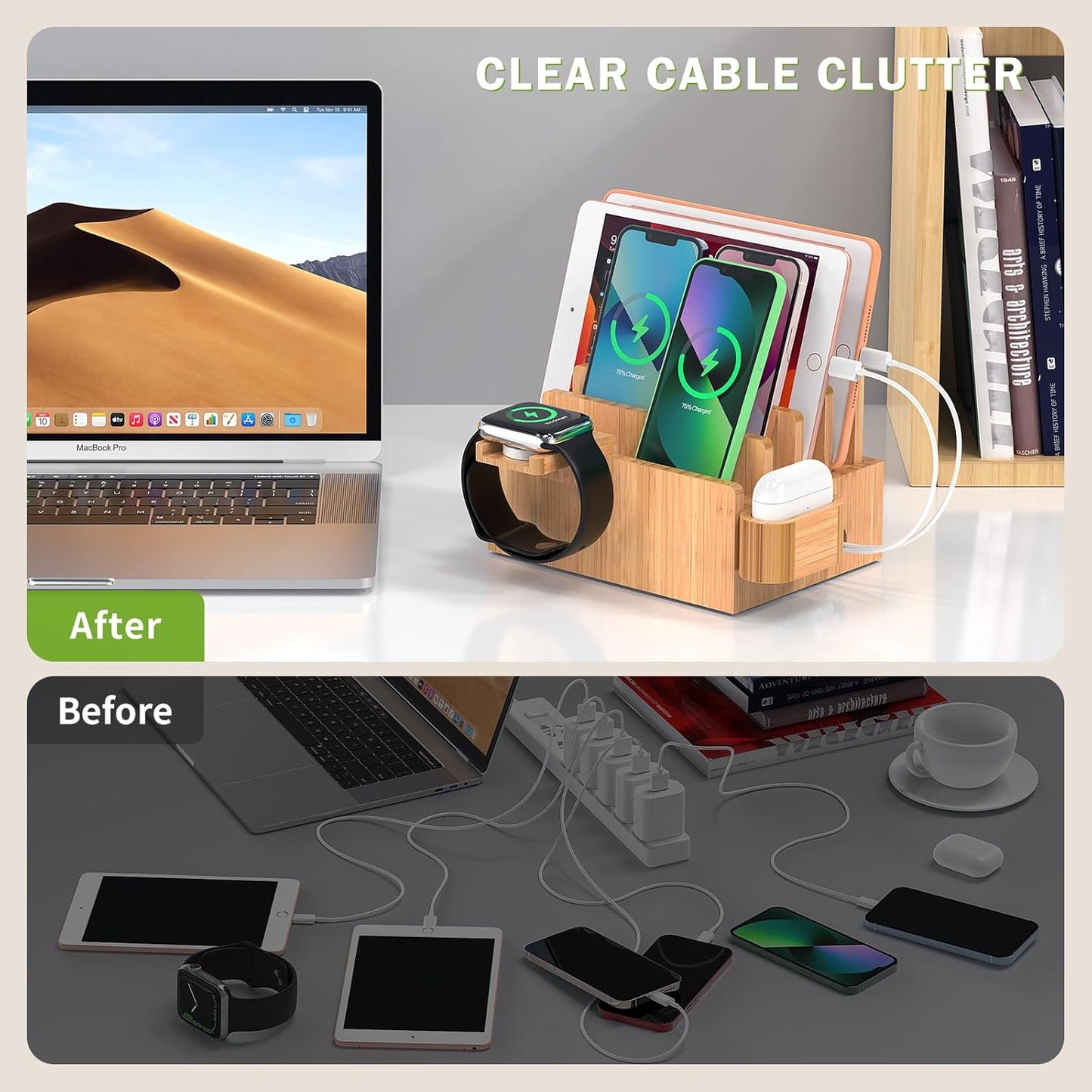 Pezin & Hulin Bamboo Charging Station for Multiple Devices with 5 Port USB Charger, 5 Cables, Watch&Earbuds Stand, Electronic Device Desktop Organizer for Cellphone, Tablet, Watch, Earbuds