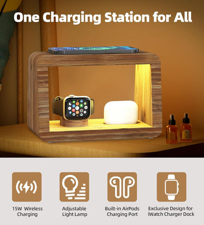 Bamboo Wireless Charging Station with Light: Ideal Gifts 4 in 1 Charging Station for Multiple Devices, Bedside Wireless Charger for iPhones 16-8/Pro/AirPods/iWatch