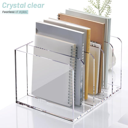 YUXUN Acrylic Magazine Holder,Clear Desk Organizer File Sorter for Notebook,Paper,Envelope,Magazine, Book Storage-Office/Home/Classroom Organization(4 Compartments,B5)