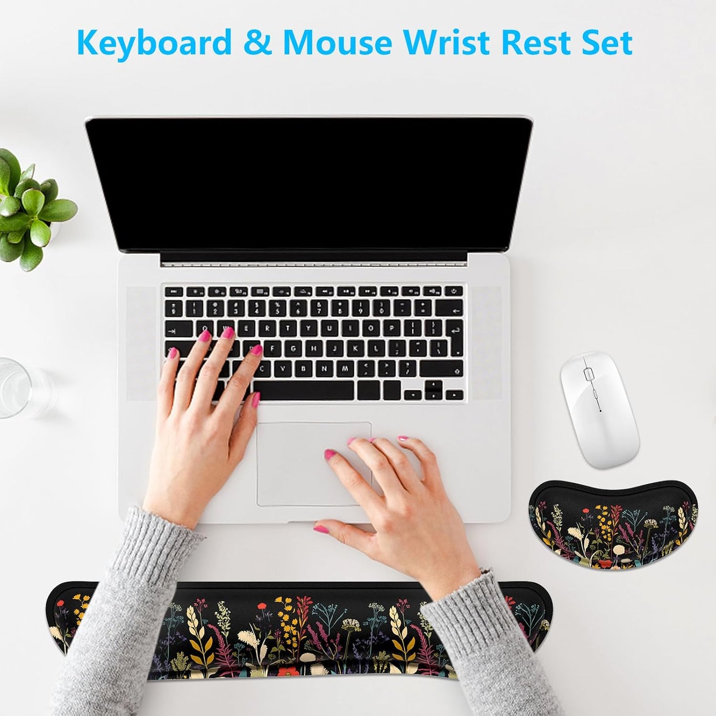 Dapesuom Enlarge Keyboard Wrist Rest, Memory Foam Wrist Cushion for Desk Mats Support, Cute Pain Relief Keyboard Mouse Pad Rests Set with Non-Slip Base for Gaming Laptop Office Computer, Green Leaf