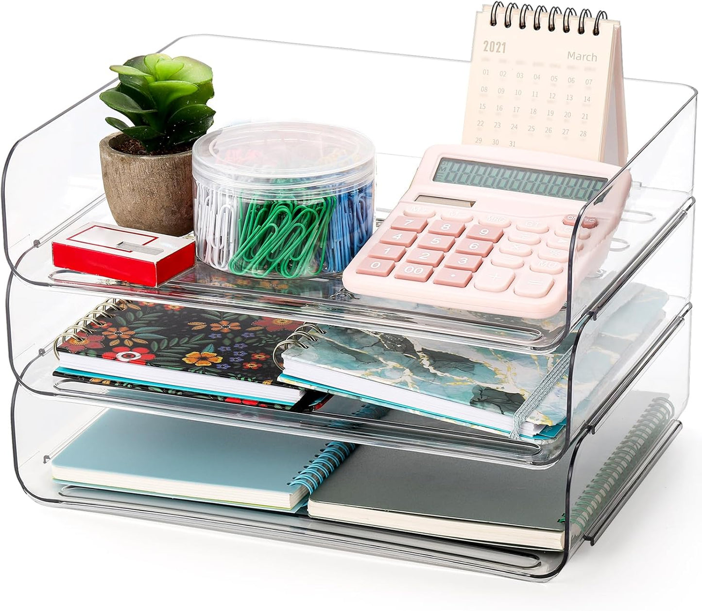 Okllen 3 Pack Stackable Paper Trays, Clear PET Desk Letter Tray Set, 3 Tier File Document Organizer Tray for A4 Paper, Magazine, Receipts, Office Supplies