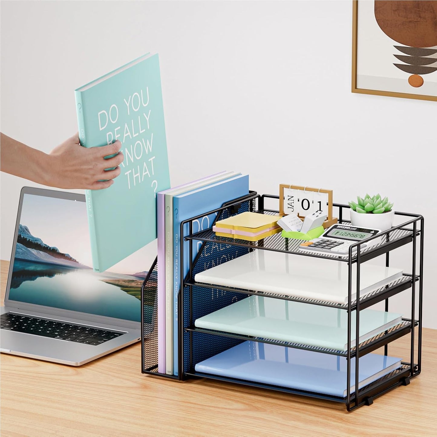 Marbrasse Desk Organizer and Accessories，4-Tier Paper Letter Tray Organizer with File Holder，Desk Accessories & Workspace Desktop Organizers for School Home Office Supplies (Blue)