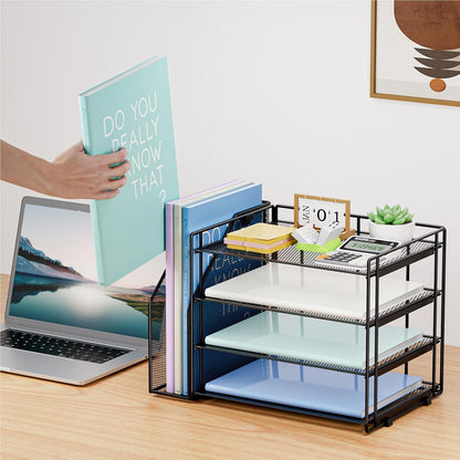 Marbrasse Desk Organizer and Accessories，4-Tier Paper Letter Tray Organizer with File Holder，Desk Accessories & Workspace Desktop Organizers for School Home Office Supplies (Blue)