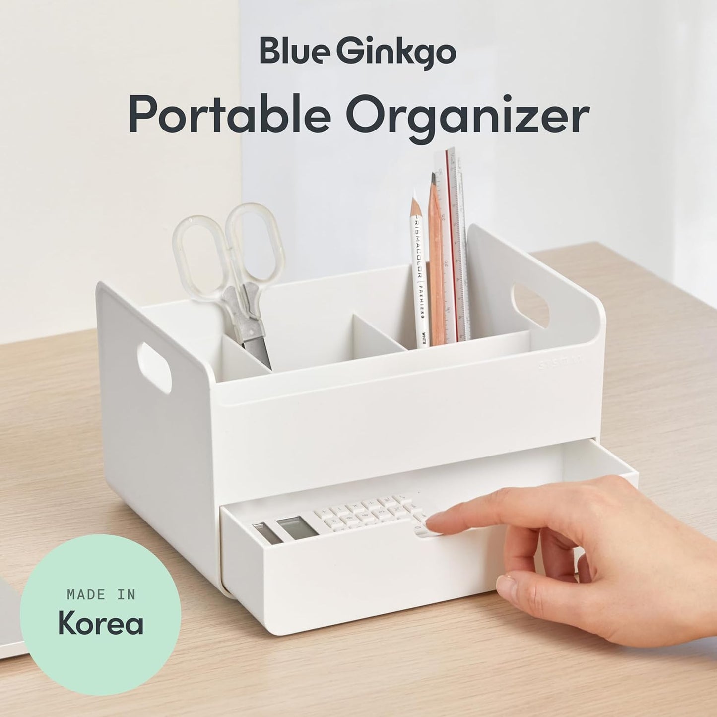 BLUE GINKGO Compact Desk Organizer – Small 5-Compartment, Half Drawer Storage – Pen Holder, Stationery Organizer for Desktop, Vanity, Shelf (Made in Korea, Green)