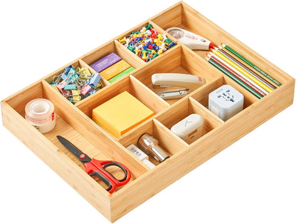 Umilife Bamboo Desk Drawer Organizer, Wood Junk Organizer Tray with Adjustable Dividers, Anti-Skip Storage Organization in Office Bathroom Drawer for Vanity, Makeup, 12" x 9"