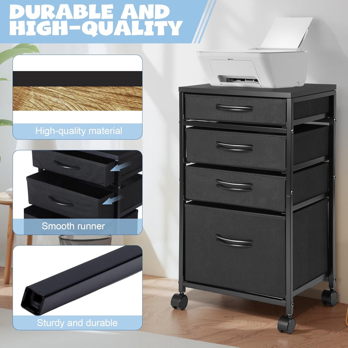 Chunful 4 Drawer Rolling File Cabinet Mobile Printer Stand Metal Cart with Fabric Vertical Filing Chest Wheels A4 Letter Size Under Desk Utility Craft Storage Organizer for Home Office School(Grey)