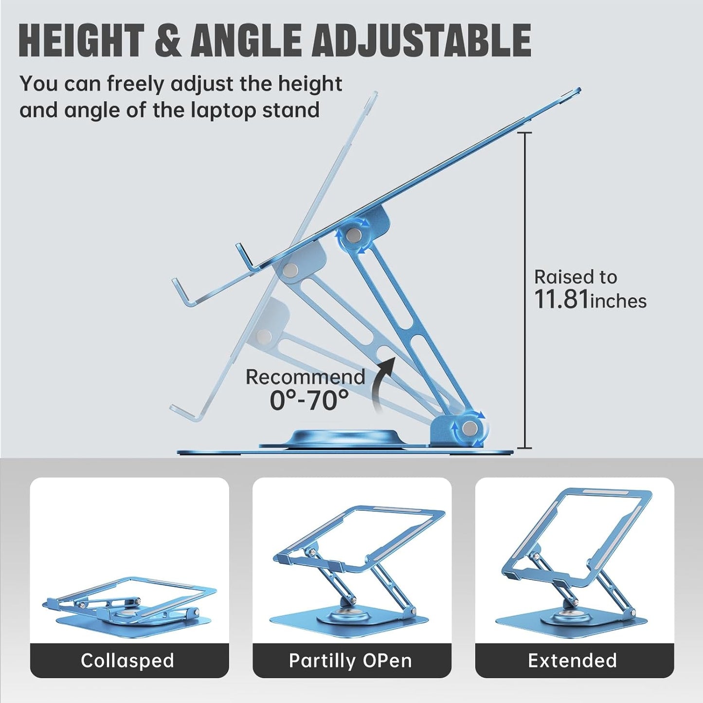 JOYEKY Laptop Stand for Desk, Adjustable Computer Stand with 360° Rotating Base, Ergonomic Laptop Riser for Collaborative Work, Foldable & Portable Laptop Stand, fits for All 10-16" Laptops (Grey)