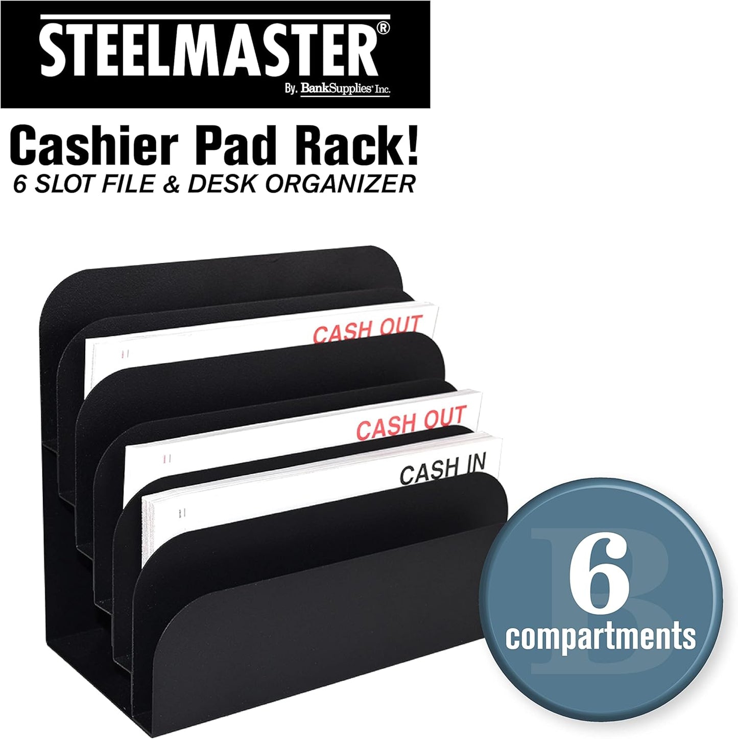 BankSupplies STEELMASTER 6 Slot File and Desk Organizer Paper Organizer Black Powder Coat Finish
