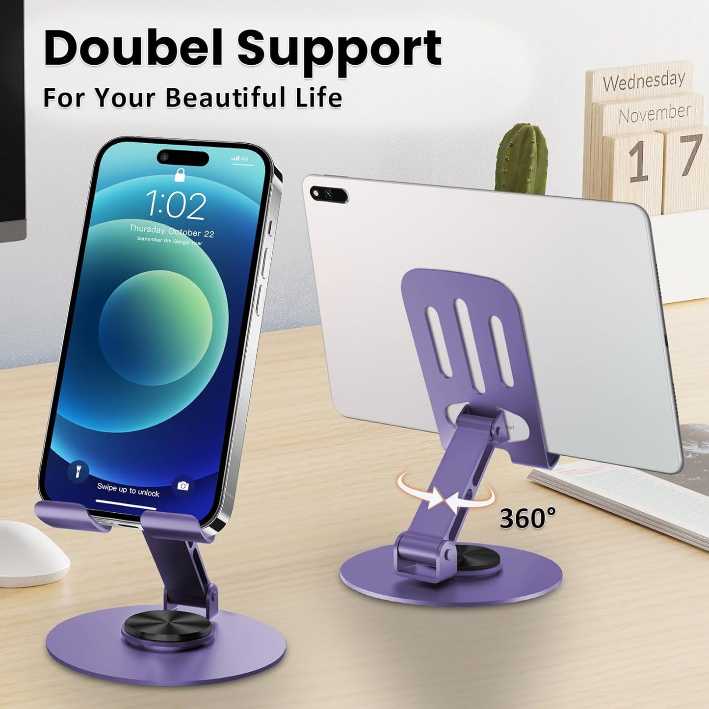 Universal Metal Cell Phone Stand, Multi-Angel Adjustable 360° Rotation Non-Slip Metal Phone Stand Compatible with iPhone 17 16 Pro Max and All Smartphones (Purple)