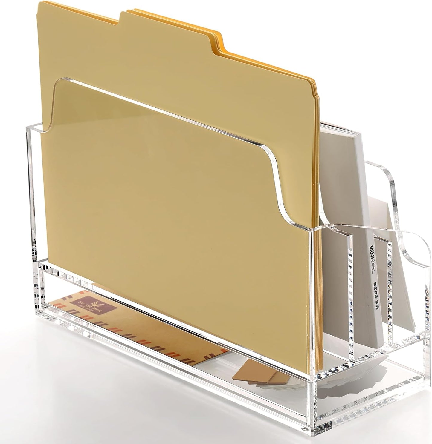 SANRUI Clear Desk Organizer Holder with Drawers, Acrylic Desktop Manila folders File Mail Sorter Box, Office Desk Accessories & Workspace Envelope Bill Letter Organization Racks, 3 Compartments