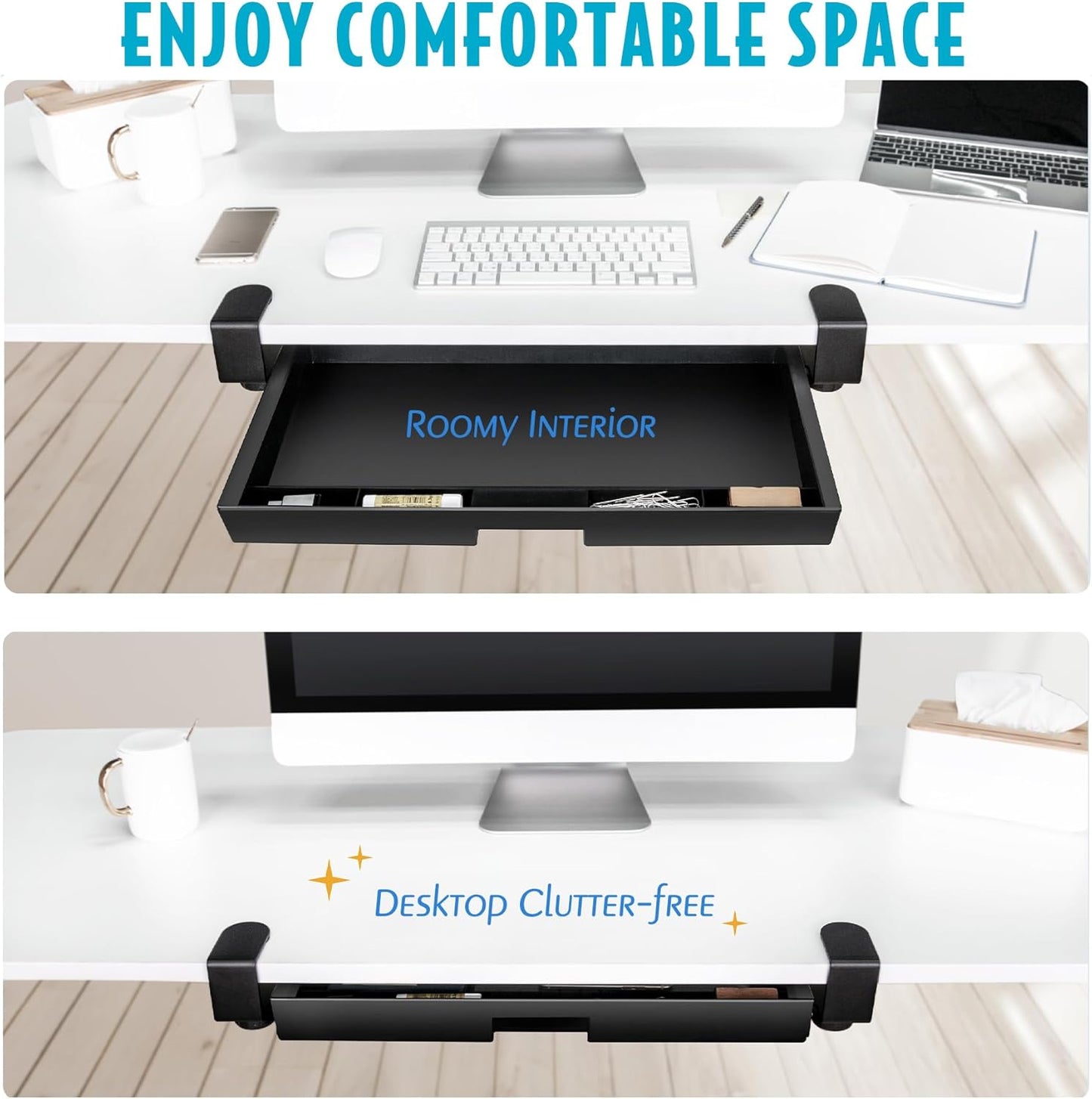EHO Under Desk Slide-Out Storage Drawer, Large 20" x 11.8" Clamp-On Pull-Out Organizer with Adjustable Height, Space-Saving Tray for Office Supplies and Accessories, TAA-Compliant