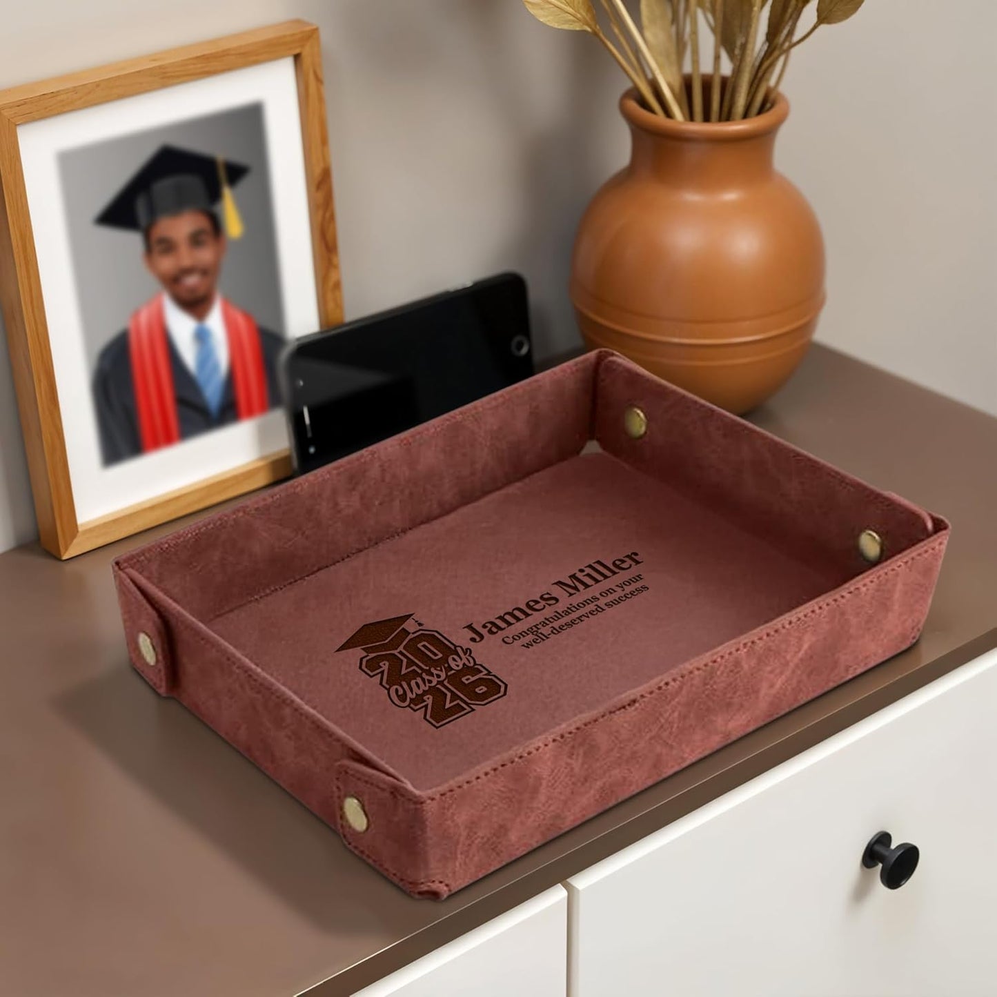 Engraved Leather Valet Tray for Men – Personalized Catchall with Custom Name for Desk, Dresser, Nightstand – Men's Organizer Tray for Keys, Wallet, Jewelry, Personalized Gift for Home, Office - Coffee