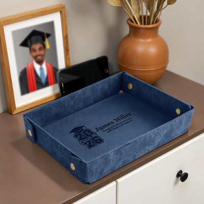 Engraved Leather Valet Tray for Men – Personalized Catchall with Custom Name for Desk, Dresser, Nightstand – Men's Organizer Tray for Keys, Wallet, Jewelry, Personalized Gift for Home, Office - Coffee