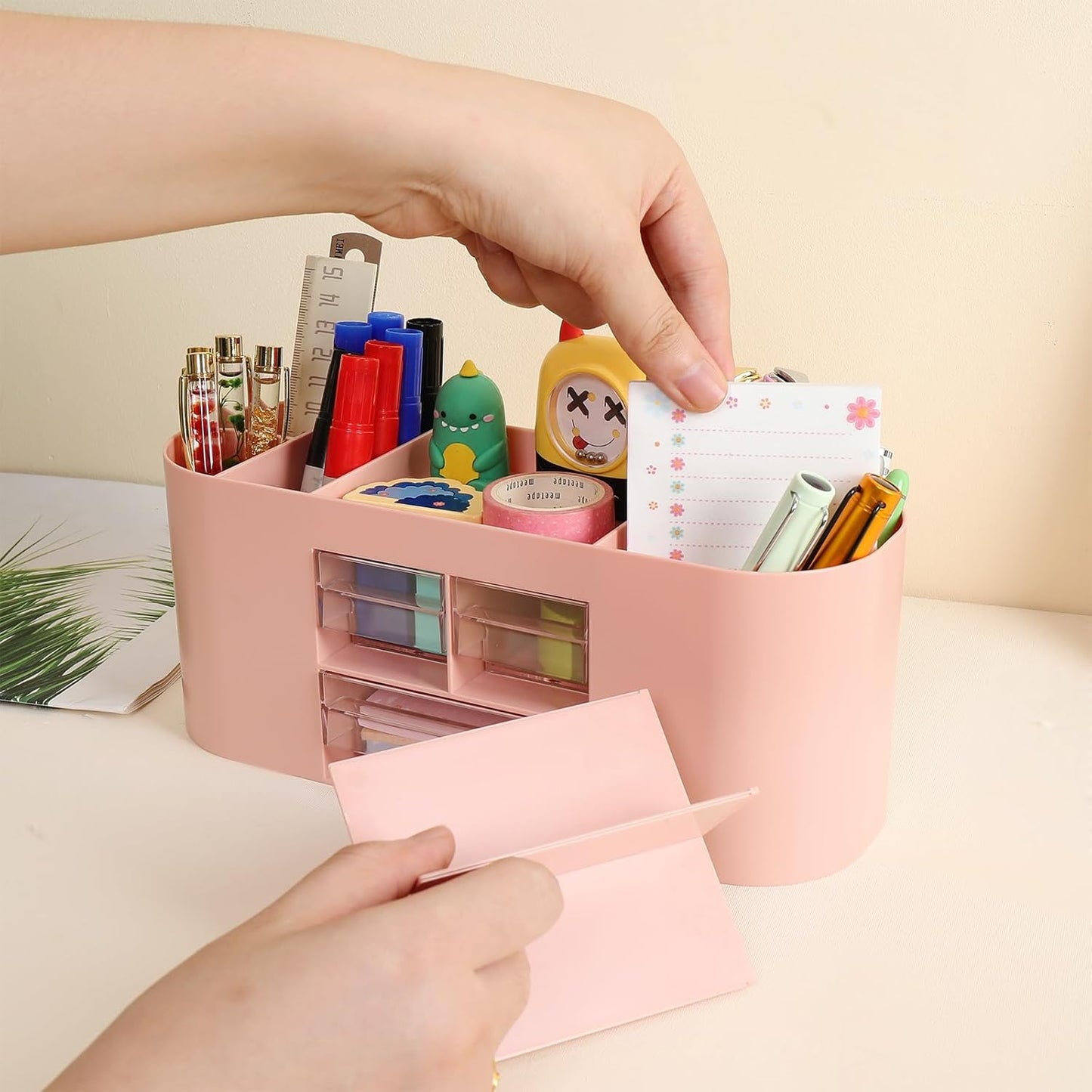 INSTOME Pencil Pen Holder for Desk with 3 Drawers - All-In-One Desk Organizer - Perfect Desk Accessories for Office Use - Stylish & Convenient Desk Organizers and Accessories (Beige)
