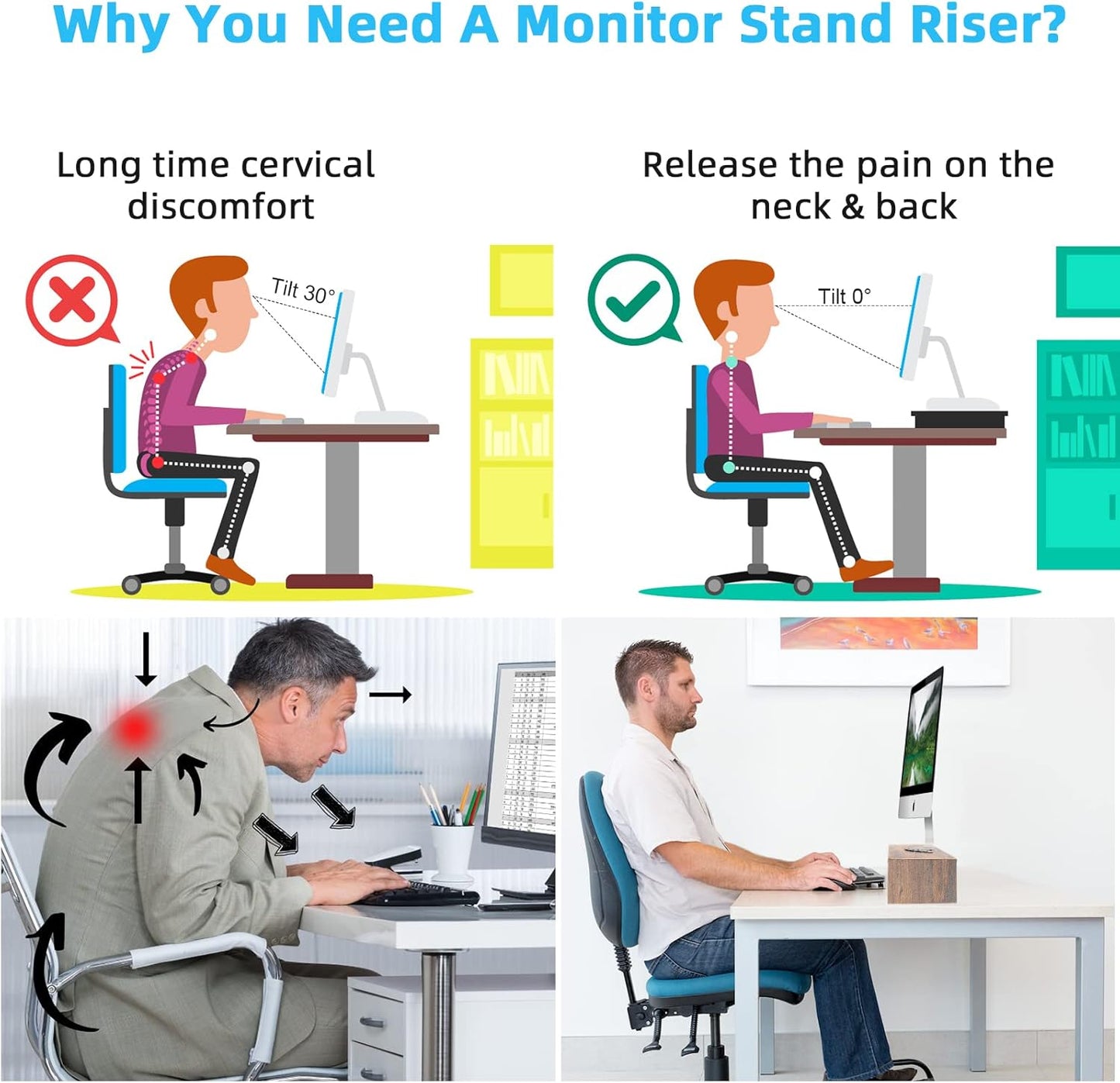 Marbrasse Monitor Stand Riser, 2 Pack 16.5 Inch 2 Tier Computer Monitor Stand, Printer Shelf Stand for Laptop Computer Screen Storagek,Desktop Stand with Phone Holder and Cable Management
