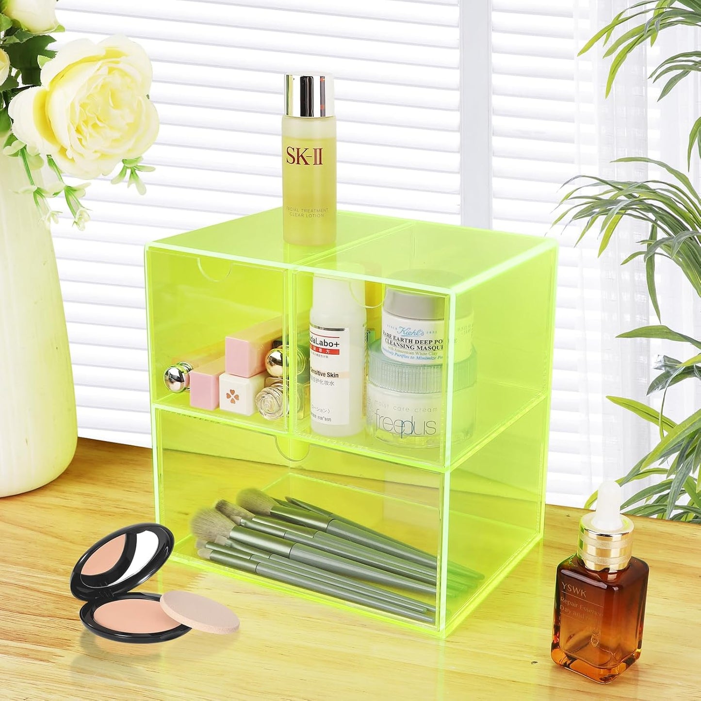 Gelite Desk Organizer with 3 Storage Drawers for Makeup Office Acrylic Desktop Drawer Organizer for Vanity Office Organization and Storage Box, Neon Pink