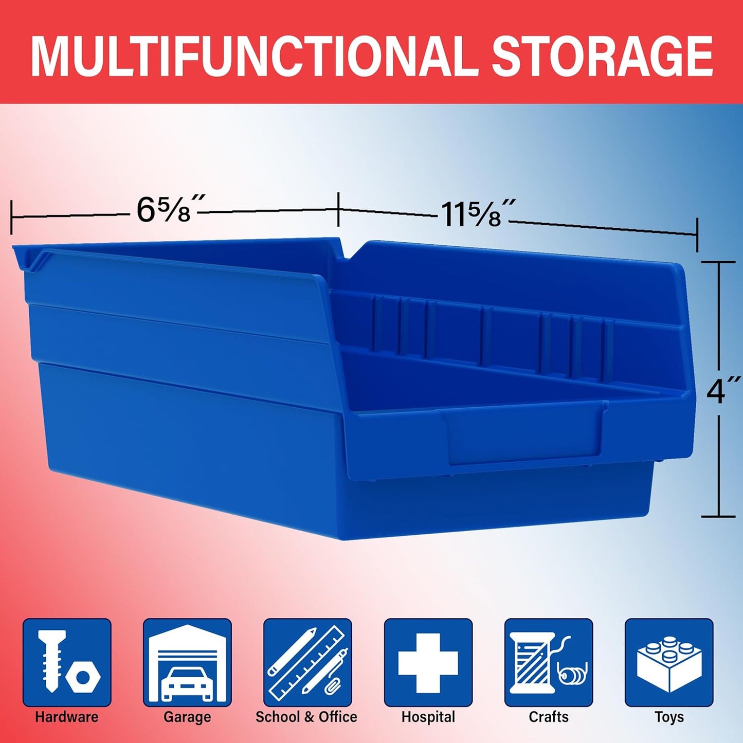 Akro-Mils 30130 Plastic Shelf Bins, Heavy Duty Storage Bins for Garage, Closet, and Drawer Organization, 12" x 6-1/2" x 4", Red, 12-Pack