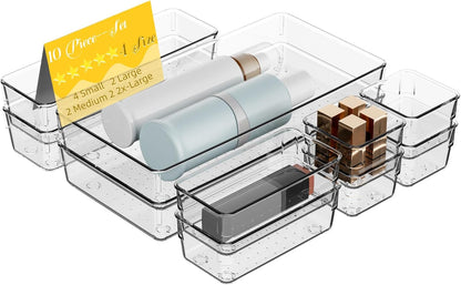 21 PCS Clear Plastic Drawer Organizer Set with 15 Inch Extra Long Bins, 5 Sizes Acrylic Makeup Organizer and Storage Trays, Non Slip Dividers for Vanity, Kitchen and Office