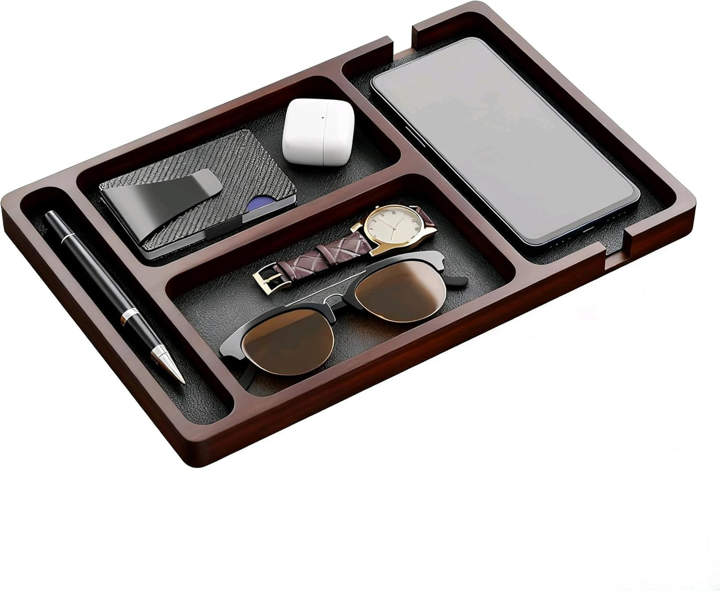Wooden Valet Tray with Leather Inlay - Key and Wallet Tray, Wooden Jewelry Tray - Nightstand Desk Organizer for EDC Essentials (Keys, Phone, Wallet, Watch, Earbuds) (wood)
