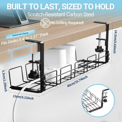 Under Desk Cable Management Tray, 15.7'' Metal Wire Organizer with Clamp, No Drill Desk Cord Rack for Cable Management, Computer Wire Organizer for Office and Home, Sturdy & Scratch-Free