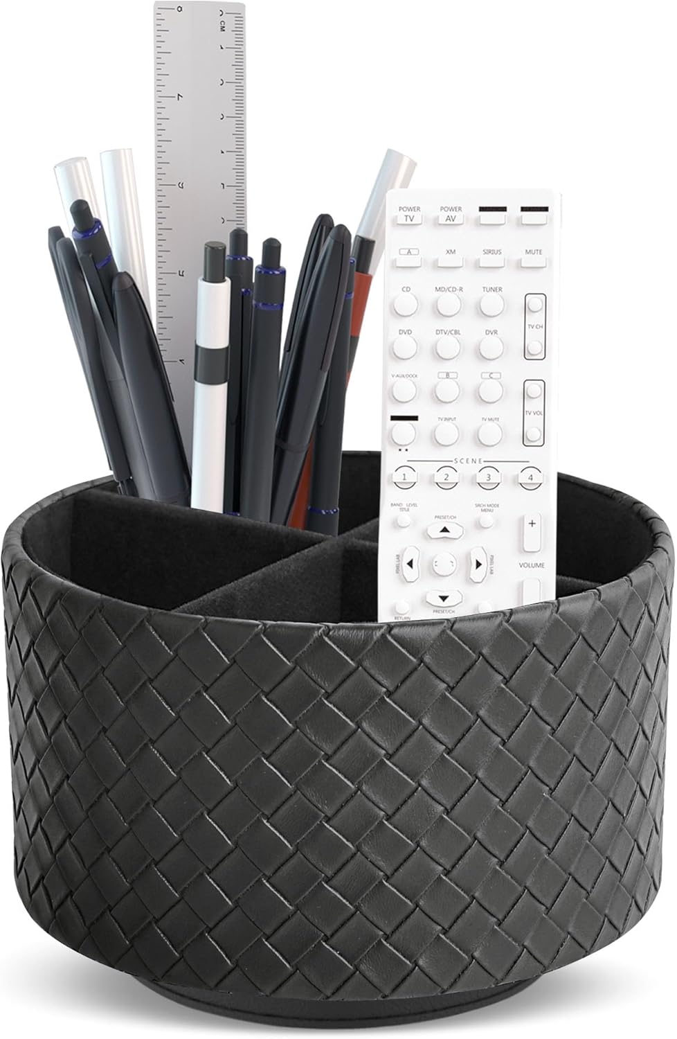 Hennaja Round Leather Art Supply Organizer,Remote Control Holder,360 Degree Rotating,Multi-Functional Pencil Holder,4 Compartments Desktop Stationary Organizer(1-Blue Bird) - Colors B