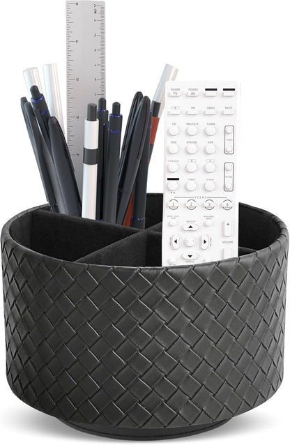 Hennaja Round Leather Art Supply Organizer,Remote Control Holder,360 Degree Rotating,Multi-Functional Pencil Holder,4 Compartments Desktop Stationary Organizer(1-Blue Bird) - Colors B