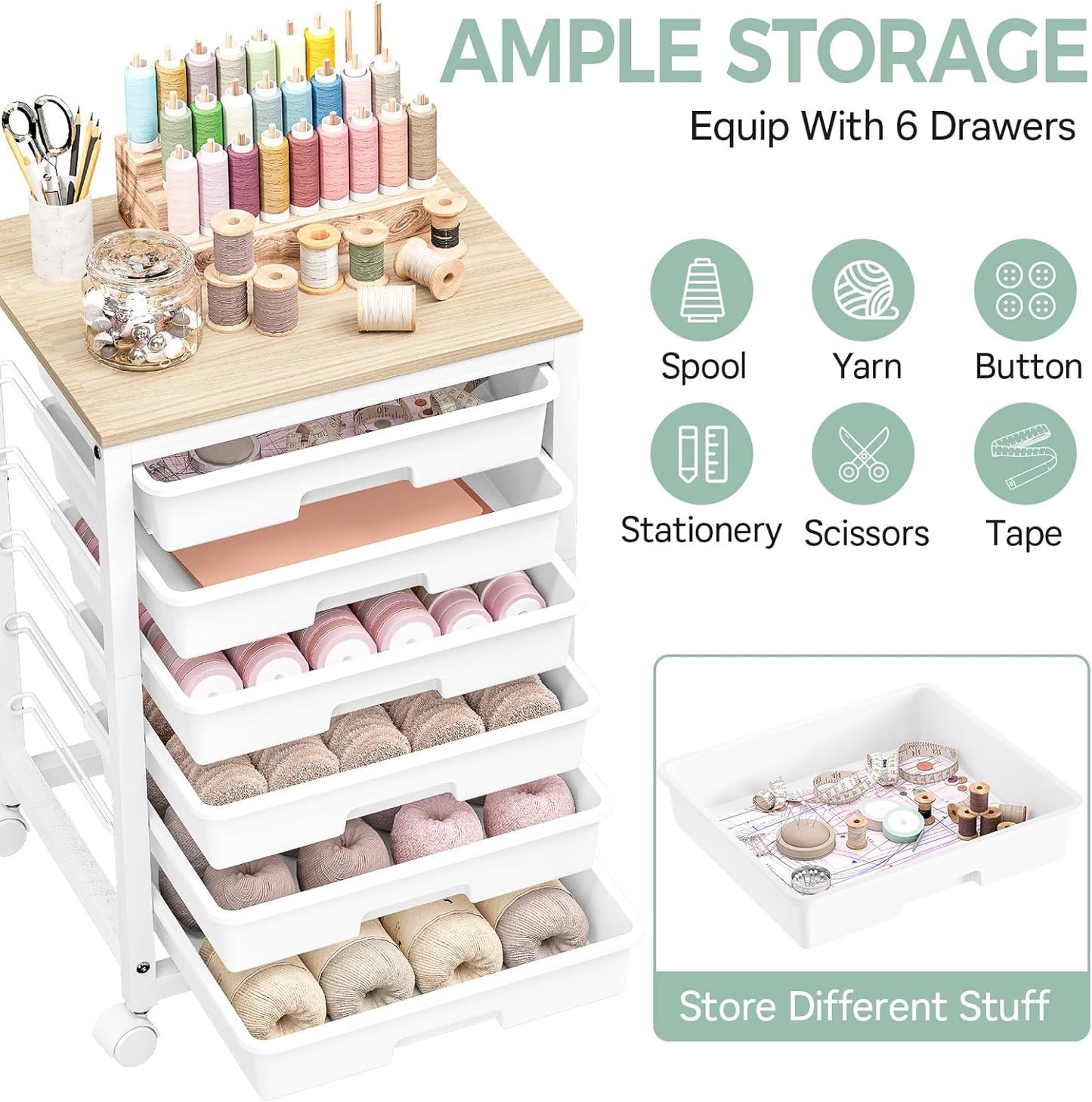 SYKIARIOL Rolling Storage Utility Cart with 6 Drawers and Wooden Tabletop for Under Desk Storage,White