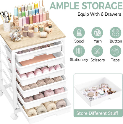 SYKIARIOL Rolling Storage Utility Cart with 6 Drawers and Wooden Tabletop for Under Desk Storage,White