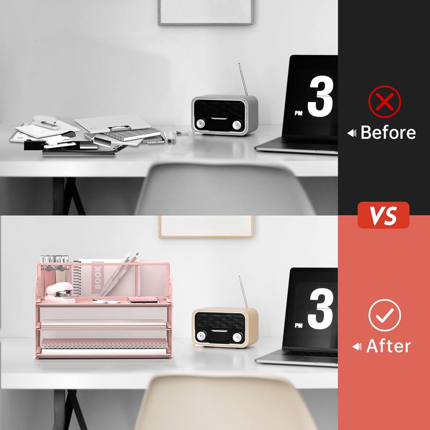 3 Tier Desk File Organizer with Pen Holder, Mesh Paper Tray File Organizer for Desk, Fold Holder with Handle for Office, Classroom, Home, Workspace(Black)