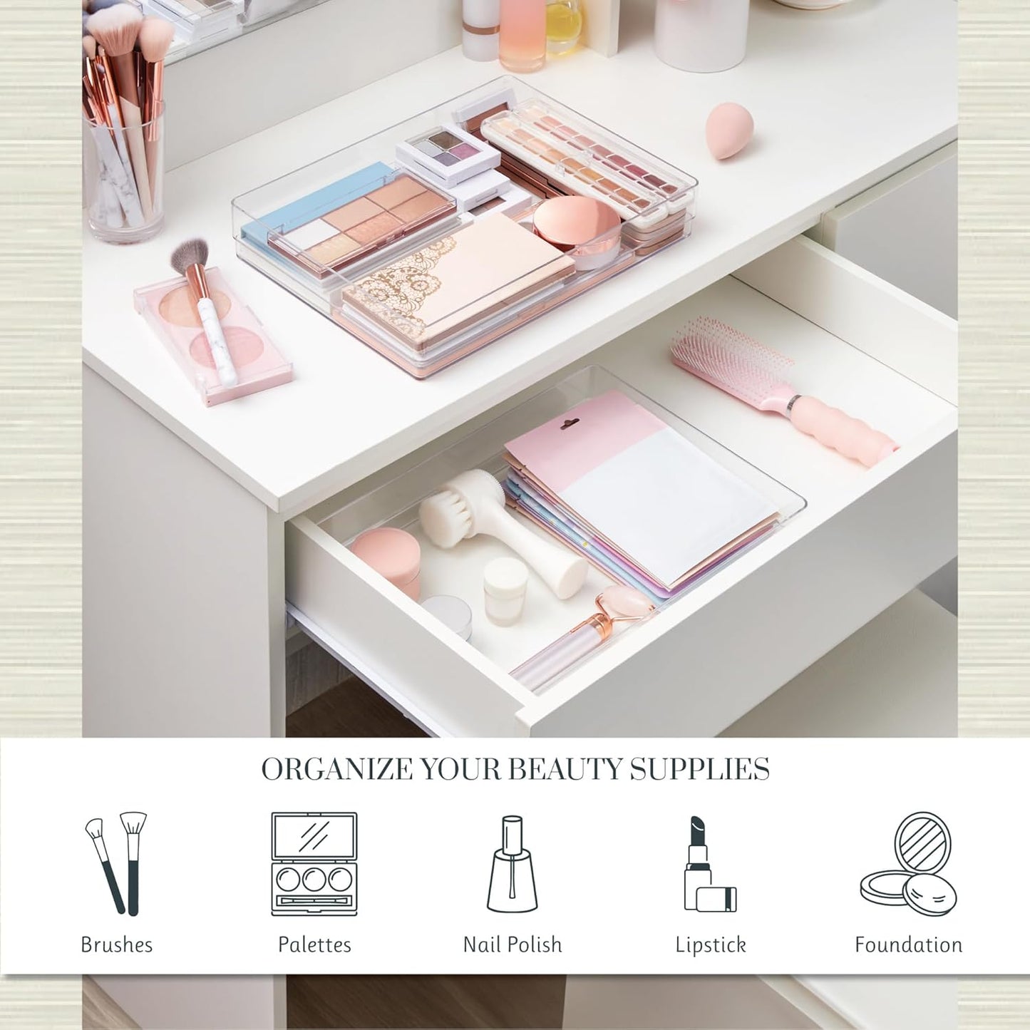 STORi SimpleSort 3-Piece Stackable Clear Drawer Organizer Set | 9" x 6" x 2" Rectangle Trays | Wide Makeup Vanity Storage Bins and Office Desk Drawer Dividers | Made in USA