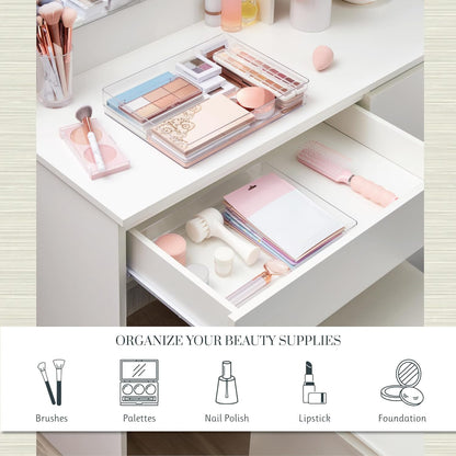 STORi SimpleSort 3-Piece Stackable Clear Drawer Organizer Set | 9" x 6" x 2" Rectangle Trays | Wide Makeup Vanity Storage Bins and Office Desk Drawer Dividers | Made in USA
