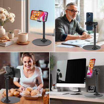 Adjustable Phone Stand for Desk with Clip Mount Live Streaming: 360° Rotatable Overhead Shot Holder with Sturdy Metal Base, Compatible with TikTok, YouTube, Zoom Video Recording (White)