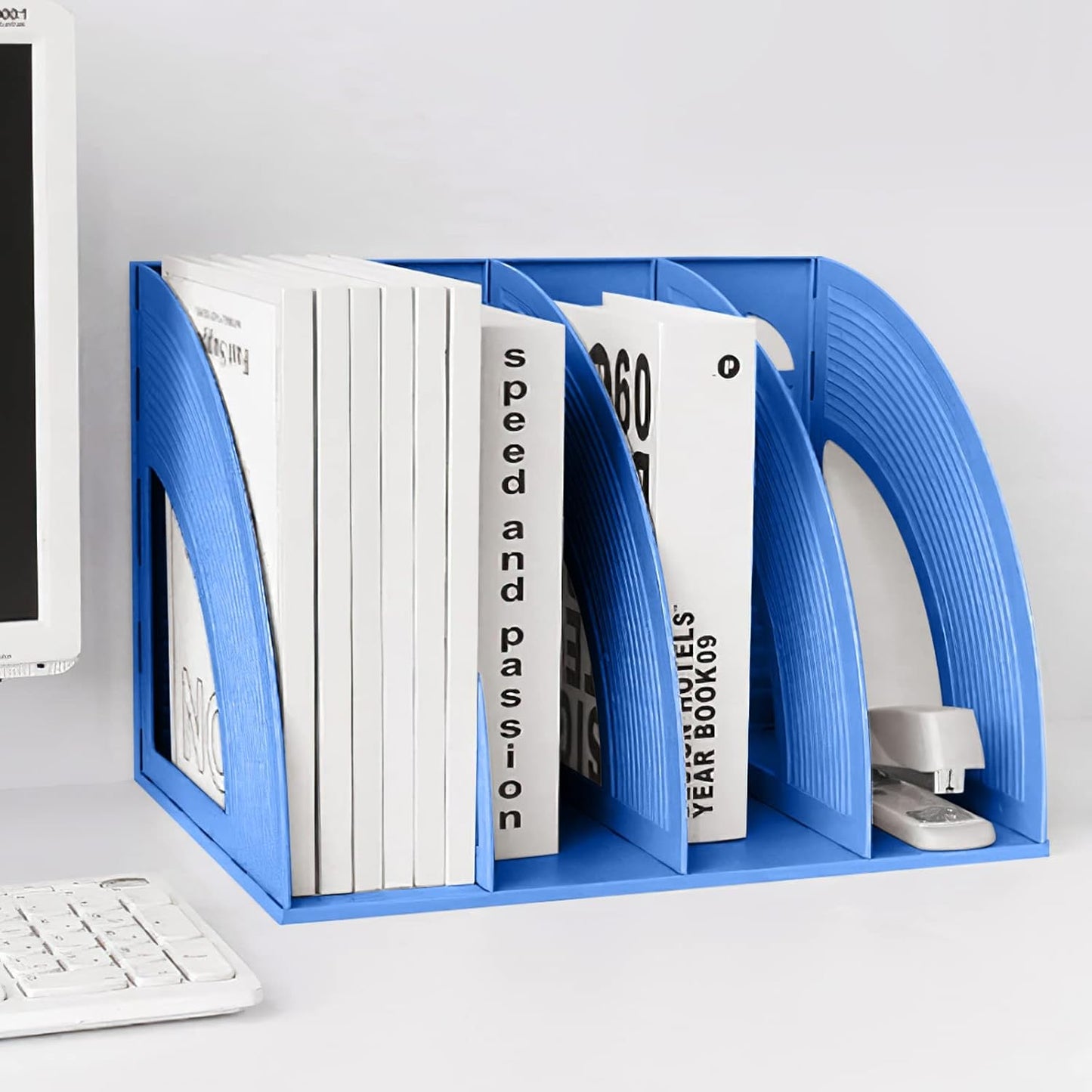 SAYEEC Magazine Holder Sturdy Binder Holder Desk File Sorter Plastic File Folder Organizer Stand Book Shelf Dividers Vertical Storage Rack Desktop Bookshelf Display Box for Office School Home (Black)