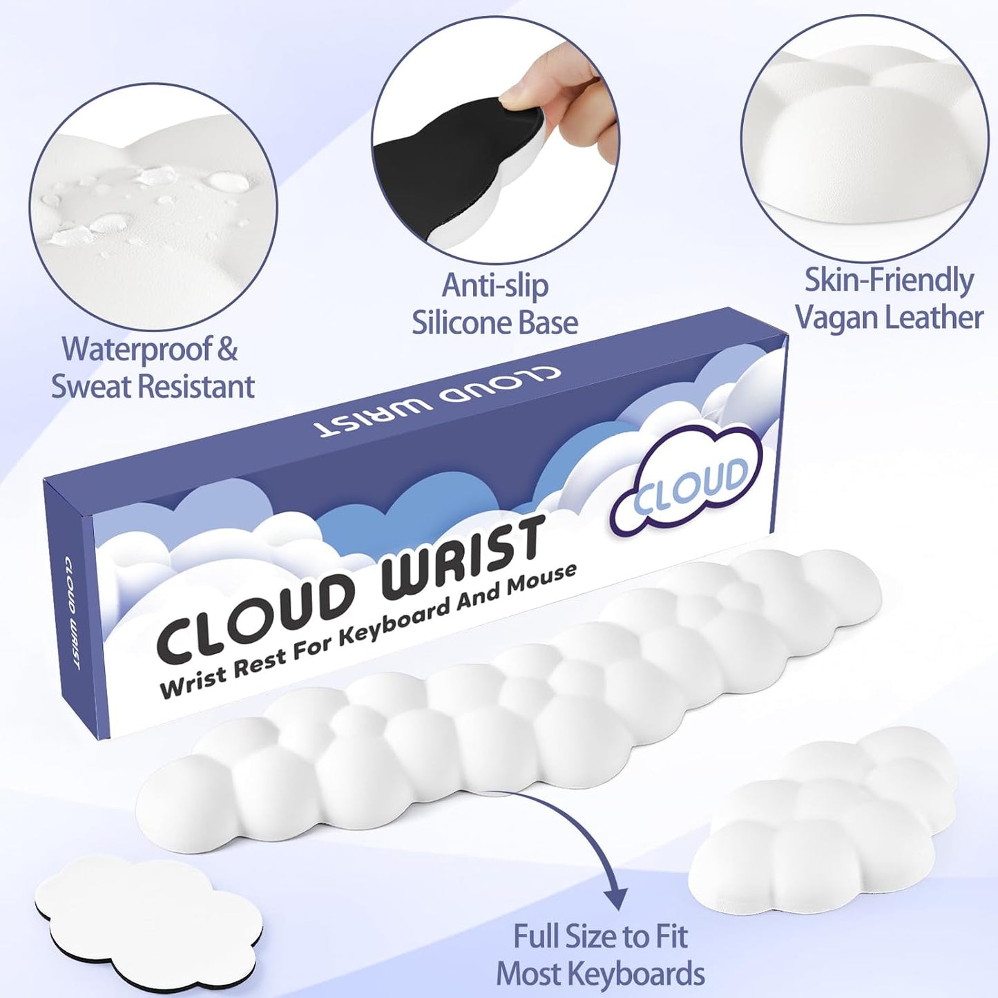 Sushret Cloud Wrist Rest for Keyboard and Mouse, Memory Foam PU Leather Keyboard Wrist Rest with Ergonomic Support, Non-Slip Base, Cute Arm Rest Pad & Palm Cushion, Office Desk Accessory, White