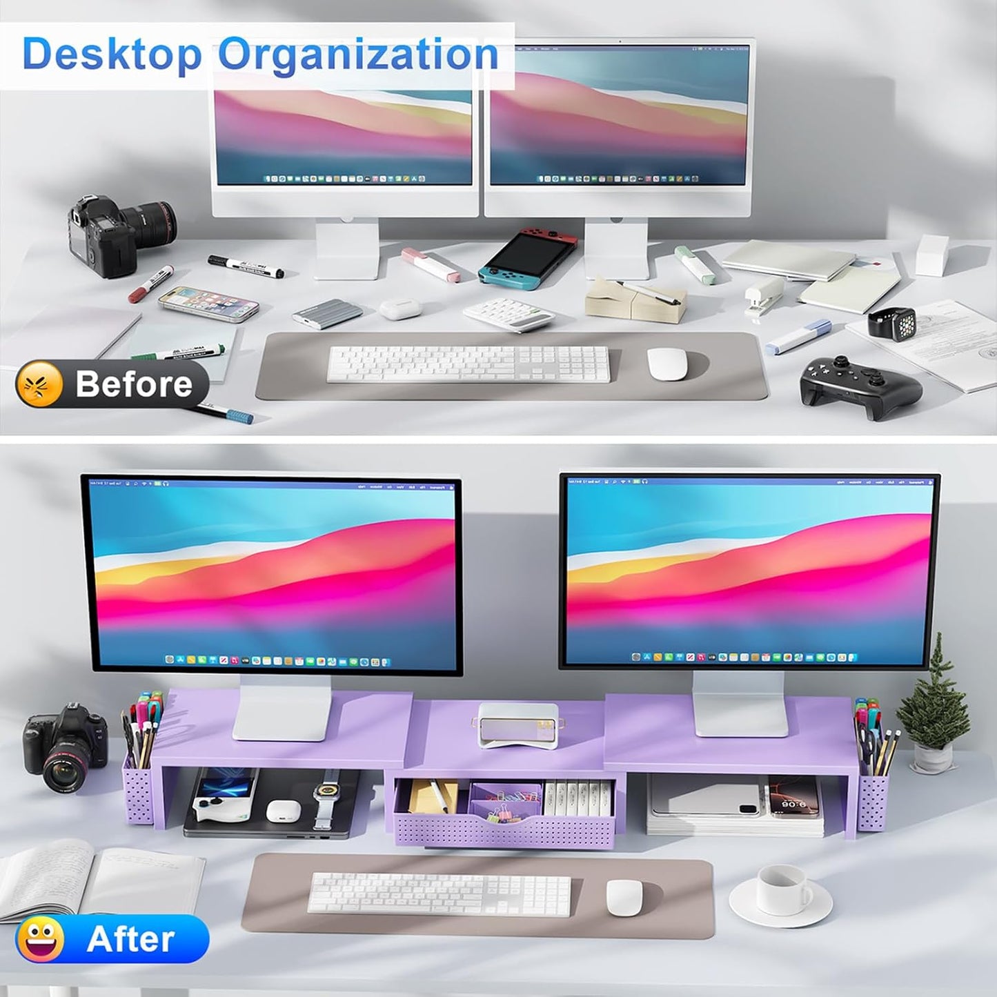 gianotter Dual Monitor Stand Riser, Desk Organizer With Drawer and 2 Pen Holders, Computer Monitor Stand, Shelf for Top of Desk, Black