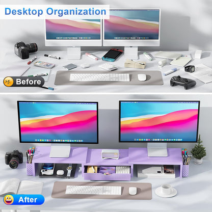 gianotter Dual Monitor Stand Riser, Desk Organizer With Drawer and 2 Pen Holders, Computer Monitor Stand, Shelf for Top of Desk, Black