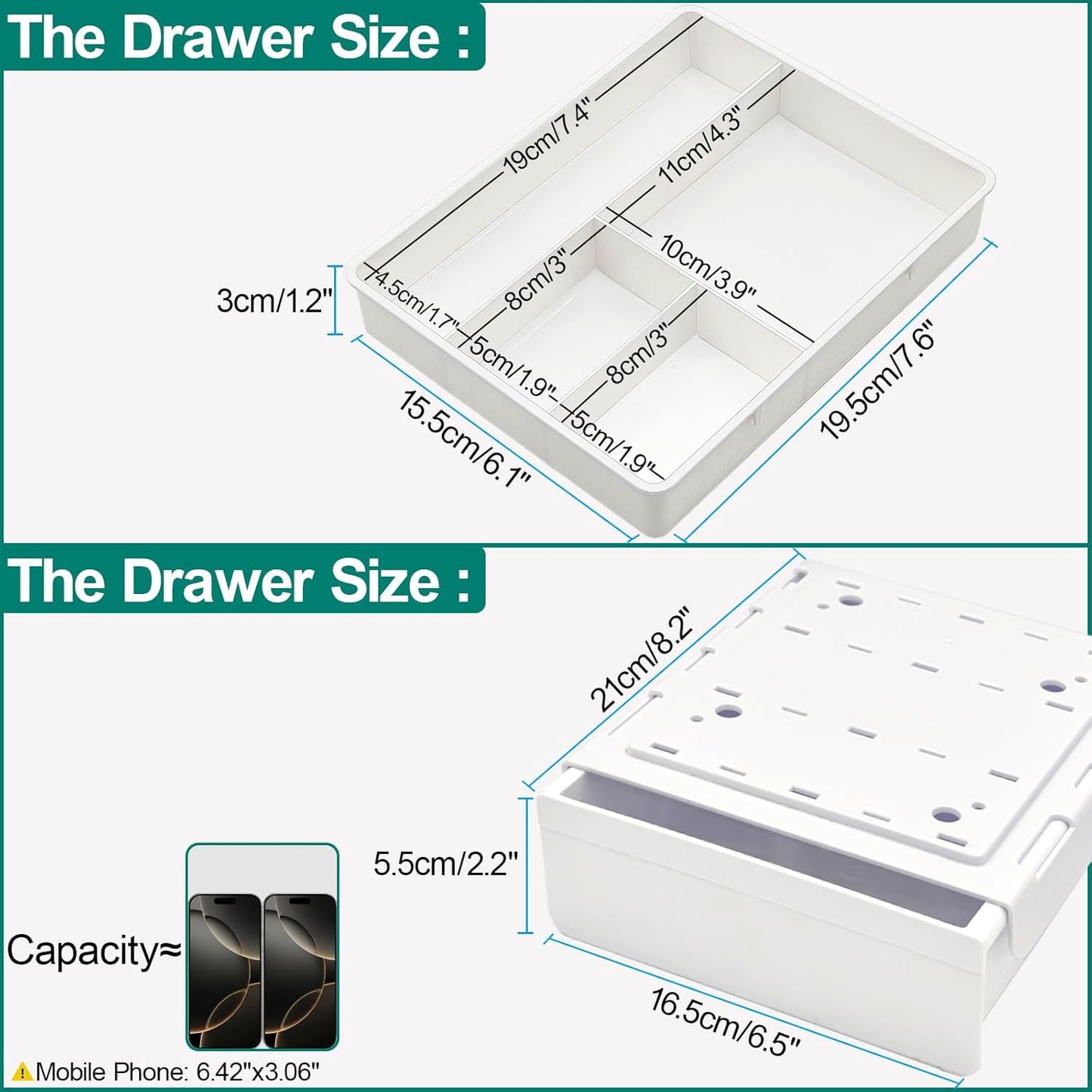 SVNNELP Under Desk Table Drawer Storage Organizer, Slide Out Drawer with 4 Compartments Divider,Pencil Storage Self-Adhesive Tray Under Table (M/Clear Black+White)